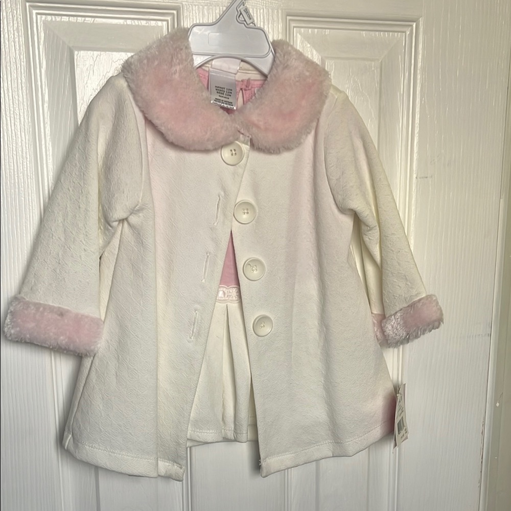 Girls' White and Pink Faux Fur Trim Coat